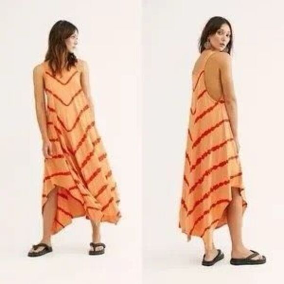 We The Free Tank Maxi Dress Ventura Large Orange Tie Dye Stripe Sleeveless Flowy - Picture 1 of 16